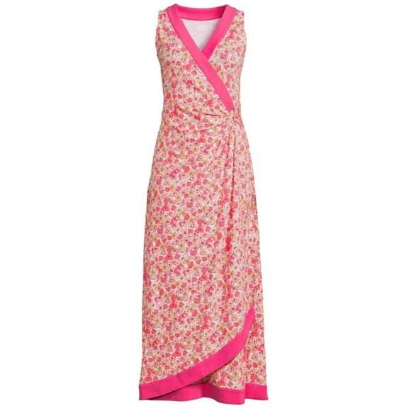 Lands End Pink & Orange Floral Sleeveless Faux Wrap Maxi Dress - Size M - NWT - Picture 1 of 6